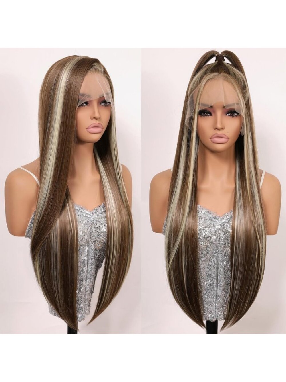 Long Straight Dark Brown Blonde Highlights Lace Front Wig - Natural Hairline